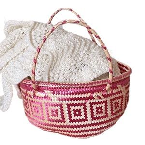 Aztec palmleaf boho basket medium pink and cream